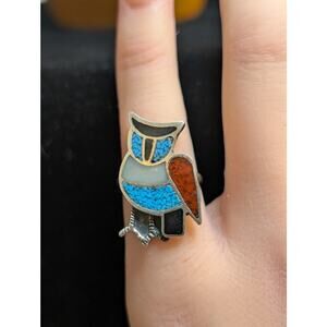 Vintage Native American Zuni Turquoise Sterling Silver Owl Inlay Ring Size 3.75